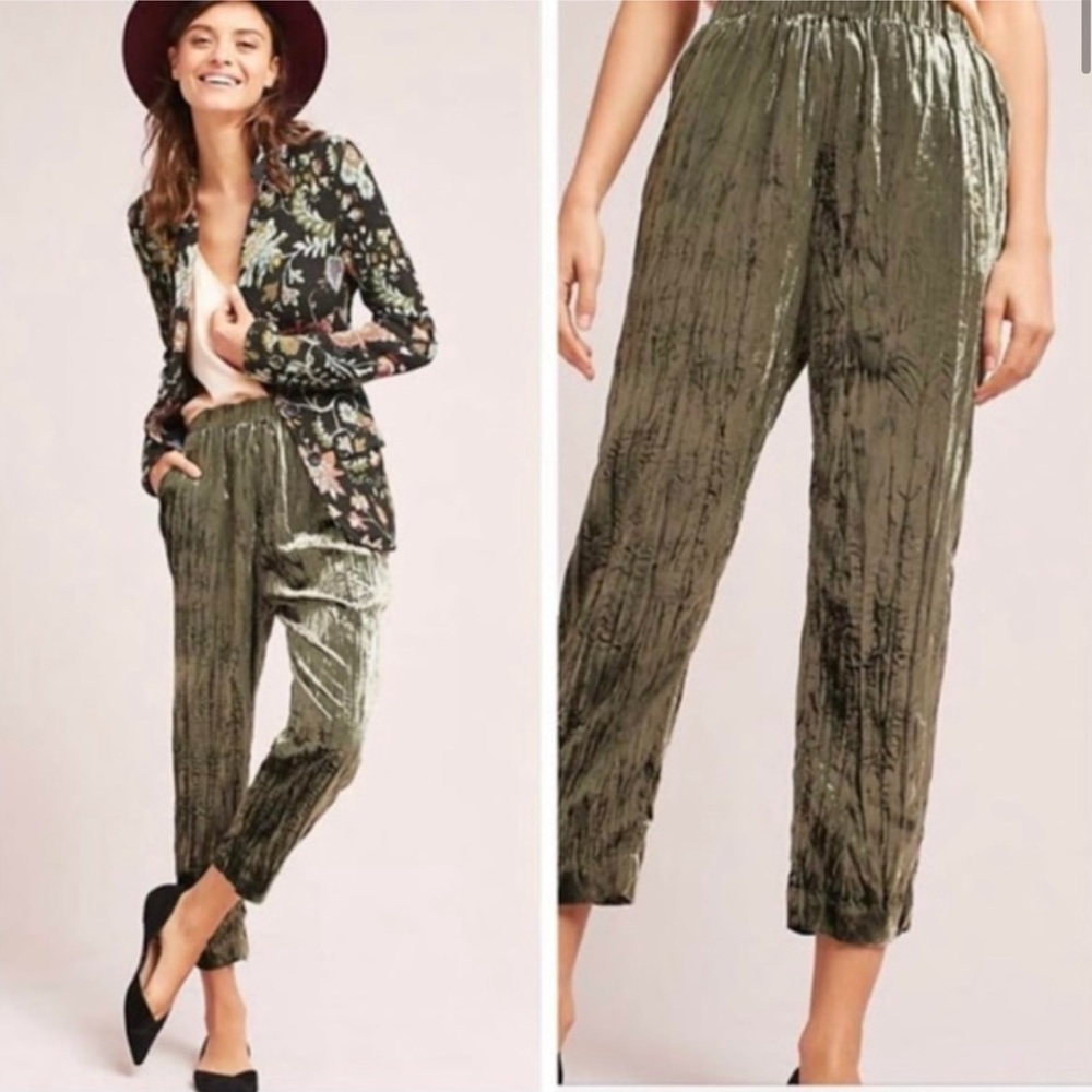 Anthropologie Twa Velvet Pants Olive Green